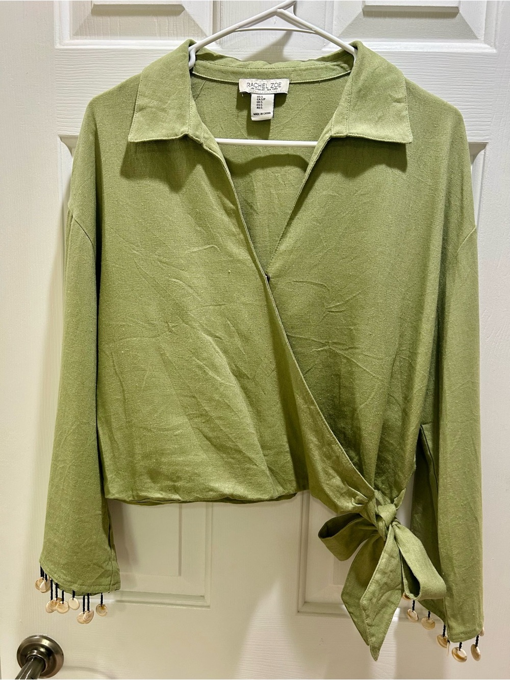 Rachel Zoe Olive Green Linen Blend Beaded Wrap Crop Top Size Small